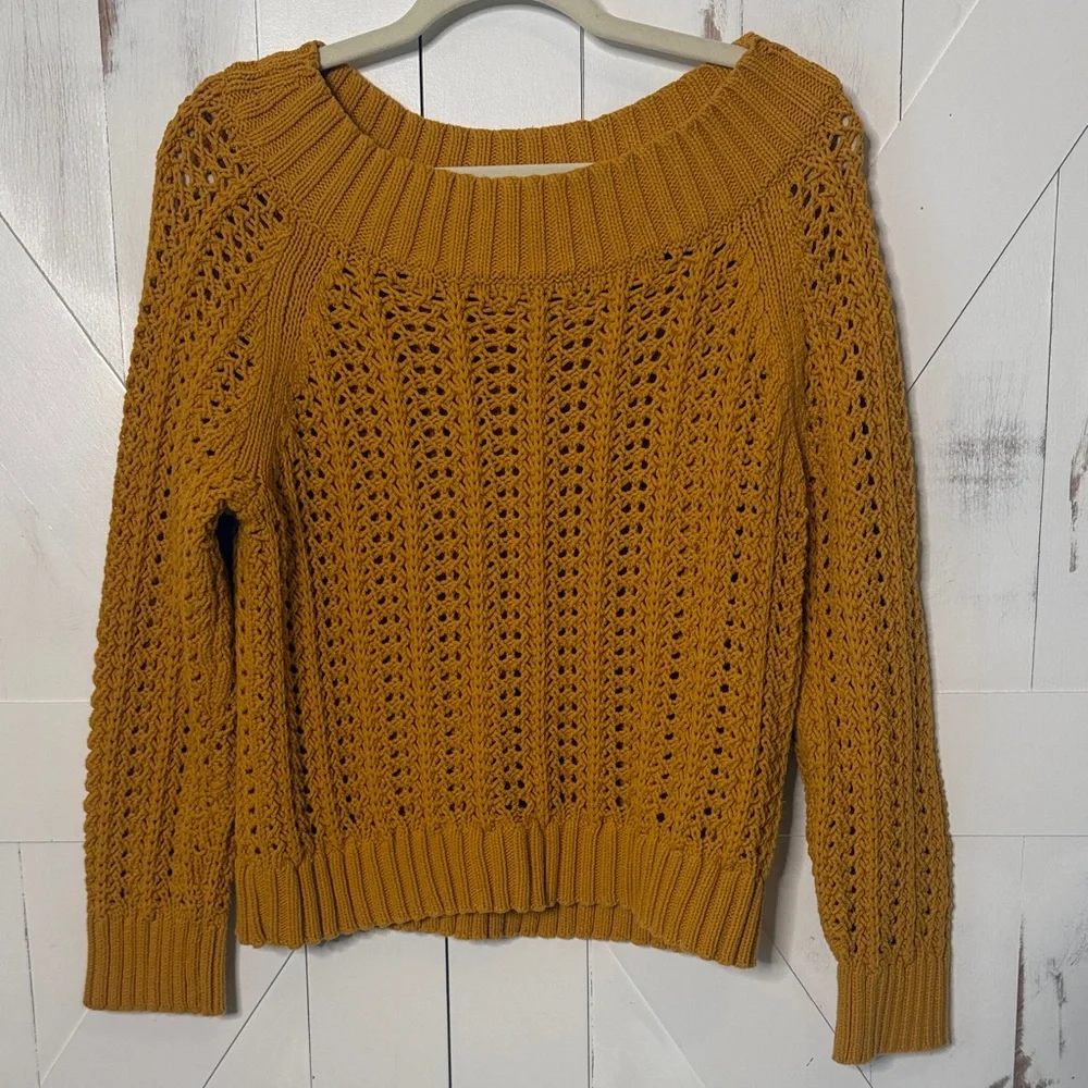 J Crew Openwork Knit Sweater Golden Mustard